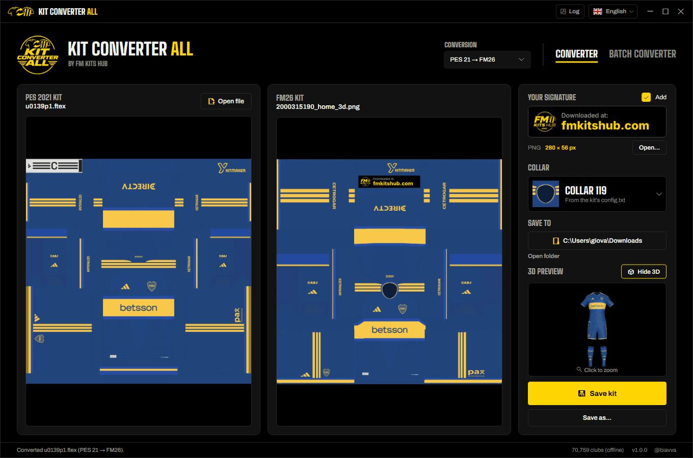 Kit Converter All: a Boca Juniors PES kit next to the converted FM26 kit and its 3D preview