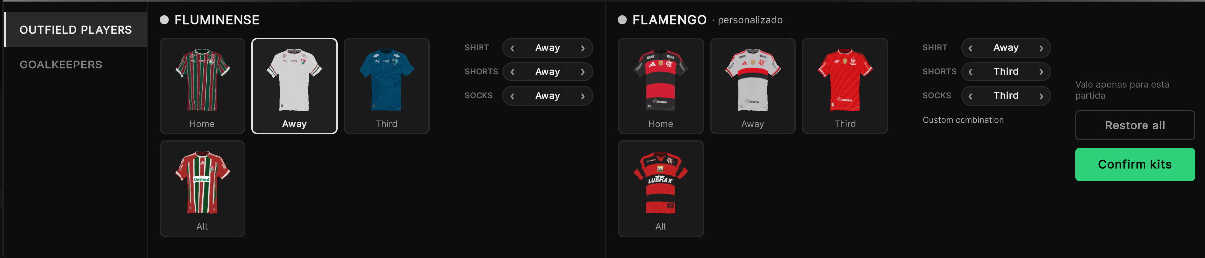 Kit Switcher with a custom combination: Away shirt with Third shorts and socks, plus the kit cards of both clubs