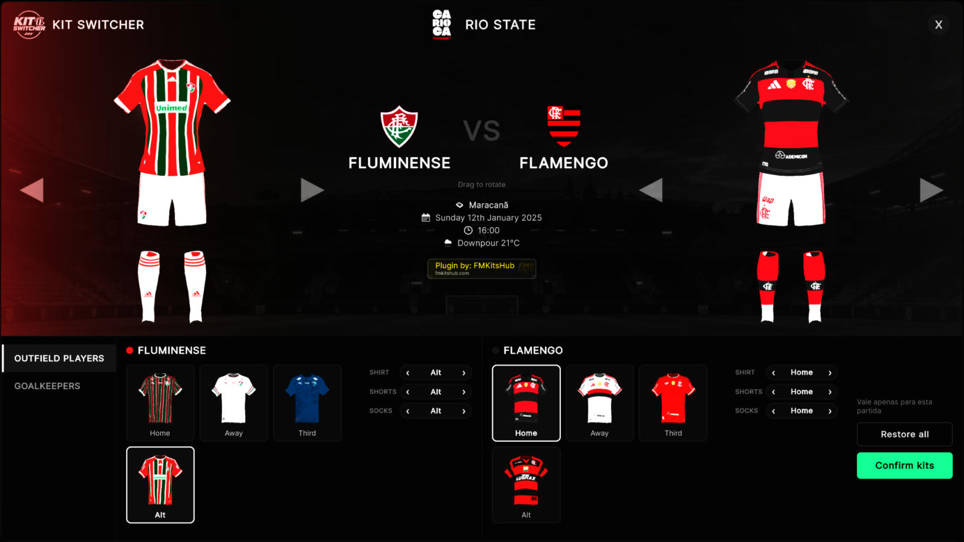 The Kit Switcher window in Football Manager 26: Fluminense and Flamengo with a 3D kit preview and the Home, Away, Third and Alt kits of each club