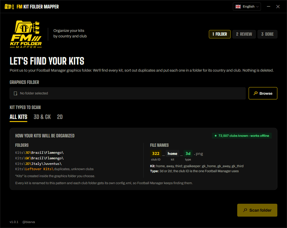 FM Kit Folder Mapper: choosing the graphics folder and a preview of how the kits will be organised