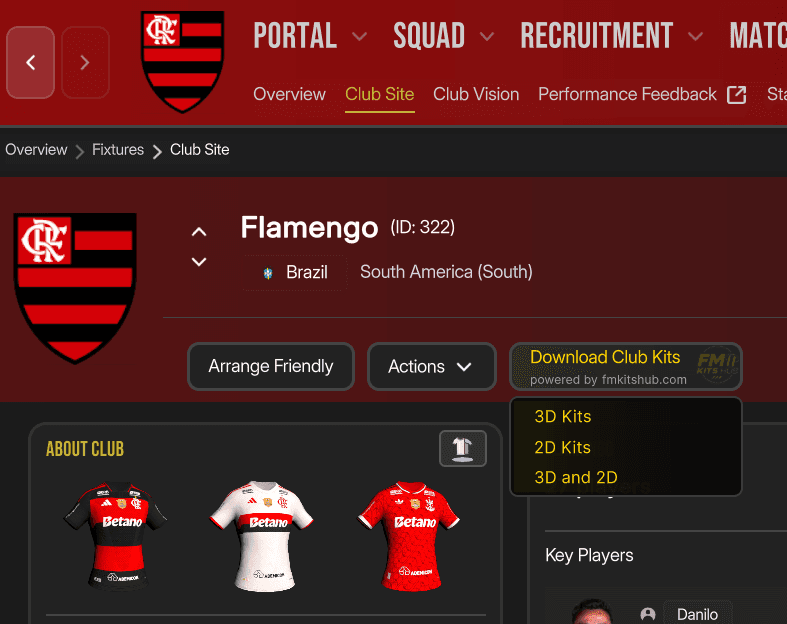 The Download Club Kits button on Flamengo's club screen in Football Manager 26, with the 3D, 2D and both menu open