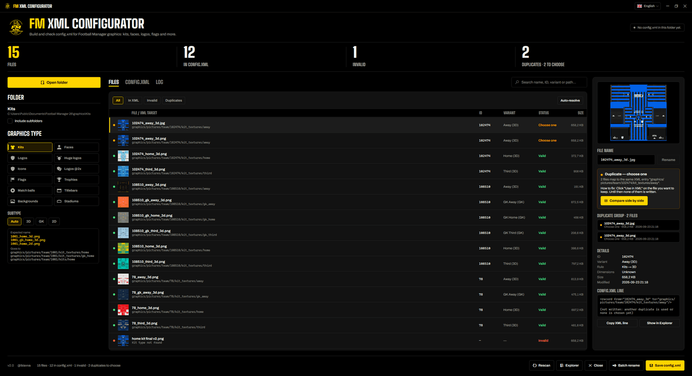 FM XML Configurator: a kits folder with valid files, a duplicate to choose and an invalid name