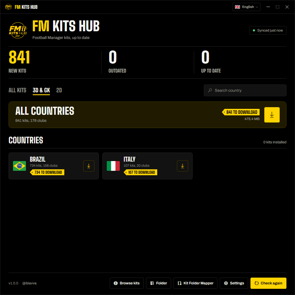The FM Kits Hub main window listing new kits with club crests