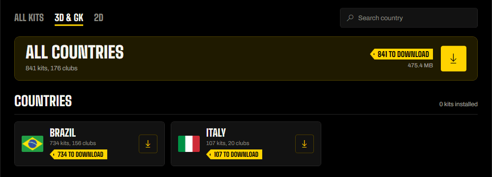 The Packs window listing countries with flag, name and number of kits
