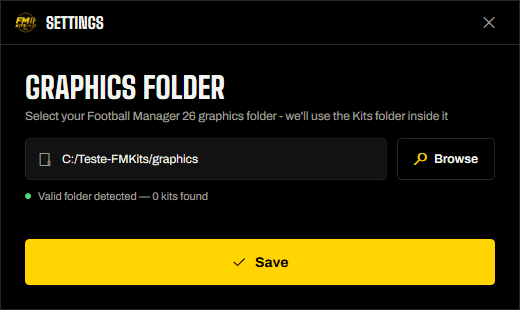 The Settings window with the game folder field