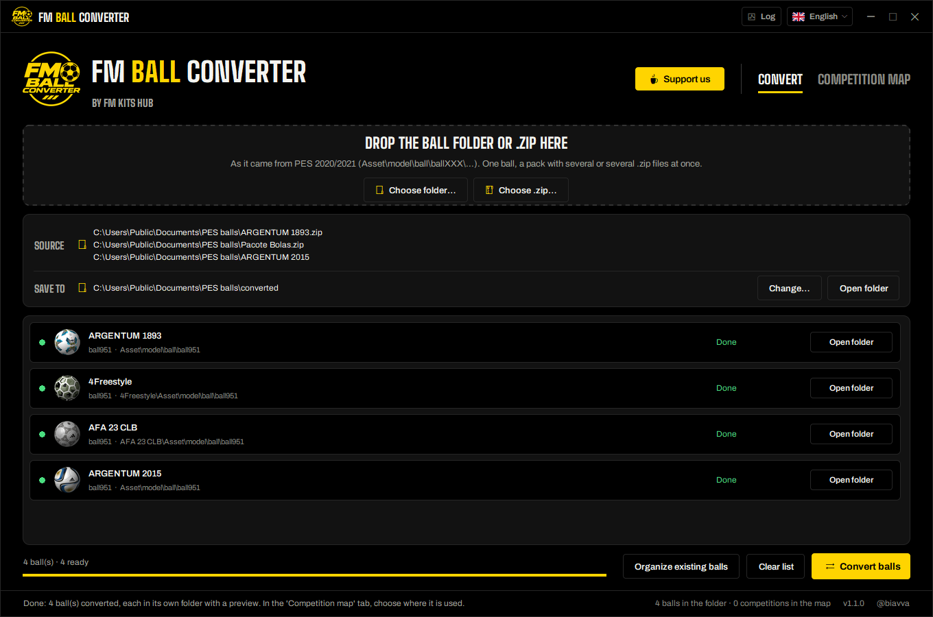 FM Ball Converter: four PES balls converted, each with its preview, ready for FM Kit Switcher